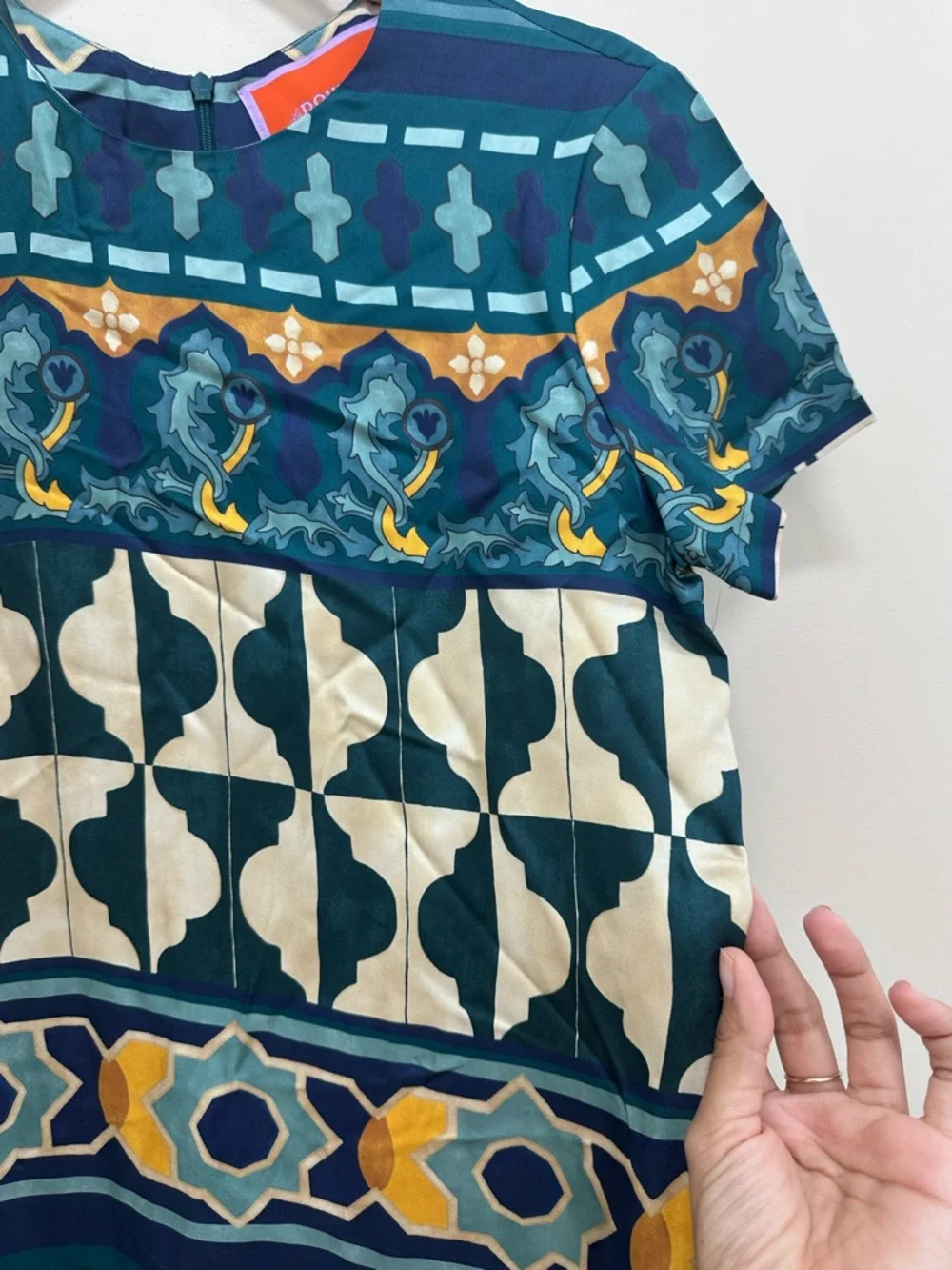 La DoubleJ Geometric Print Silk Swing Dress Small Green - Picture 9 of 11